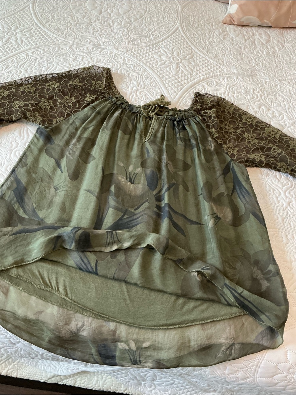 Sheer Olive Green Off-Shoulder Blouse with Lace Sleeves - Picture 4 of 4